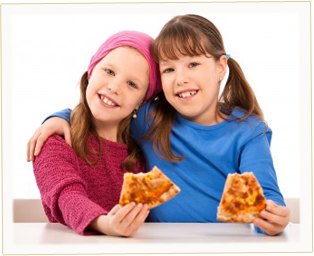 Two little girls enjoying a delicious slice of pizza.